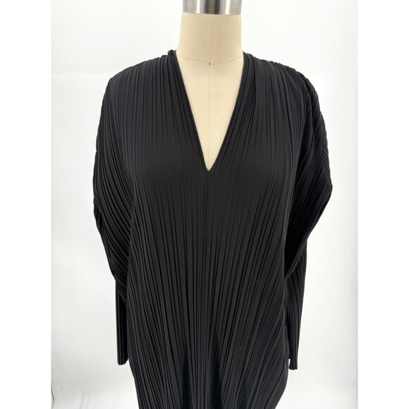MAXMARA PLEATED V NECK LONG SLEEVE BLACK DRESS M - Picture 2 of 11